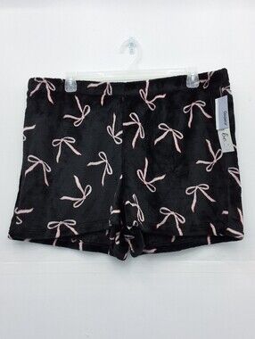 Women's Plush Sleep Shorts Pink Bows Print Black Lounge Pajama Shorts Size 2X
